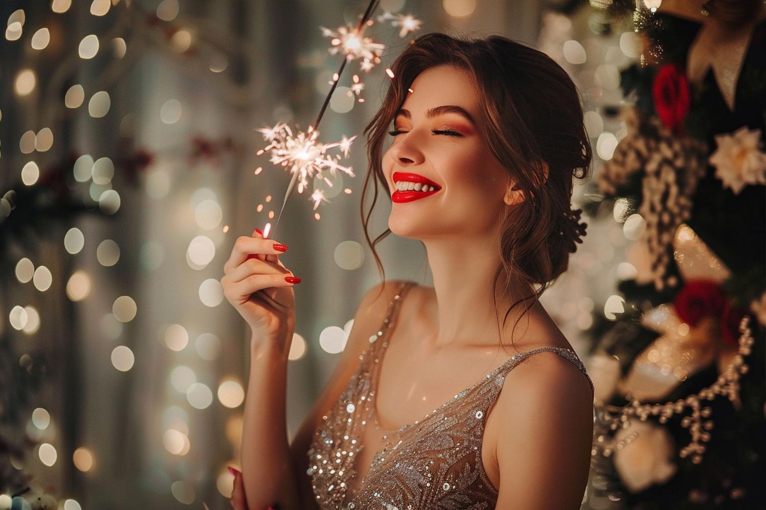 Elegantka - srebrna sukienka noszona przez piękną kobietę