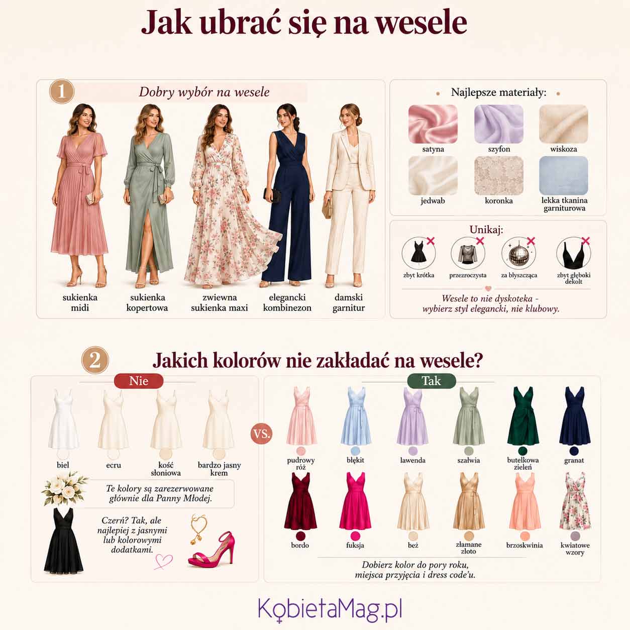 Infografika: jak ubrać się na wesele jako kobieta - przykłady eleganckich sukienek, kombinezonu i garnituru, polecane materiały oraz kolory, których lepiej unikać na weselu.