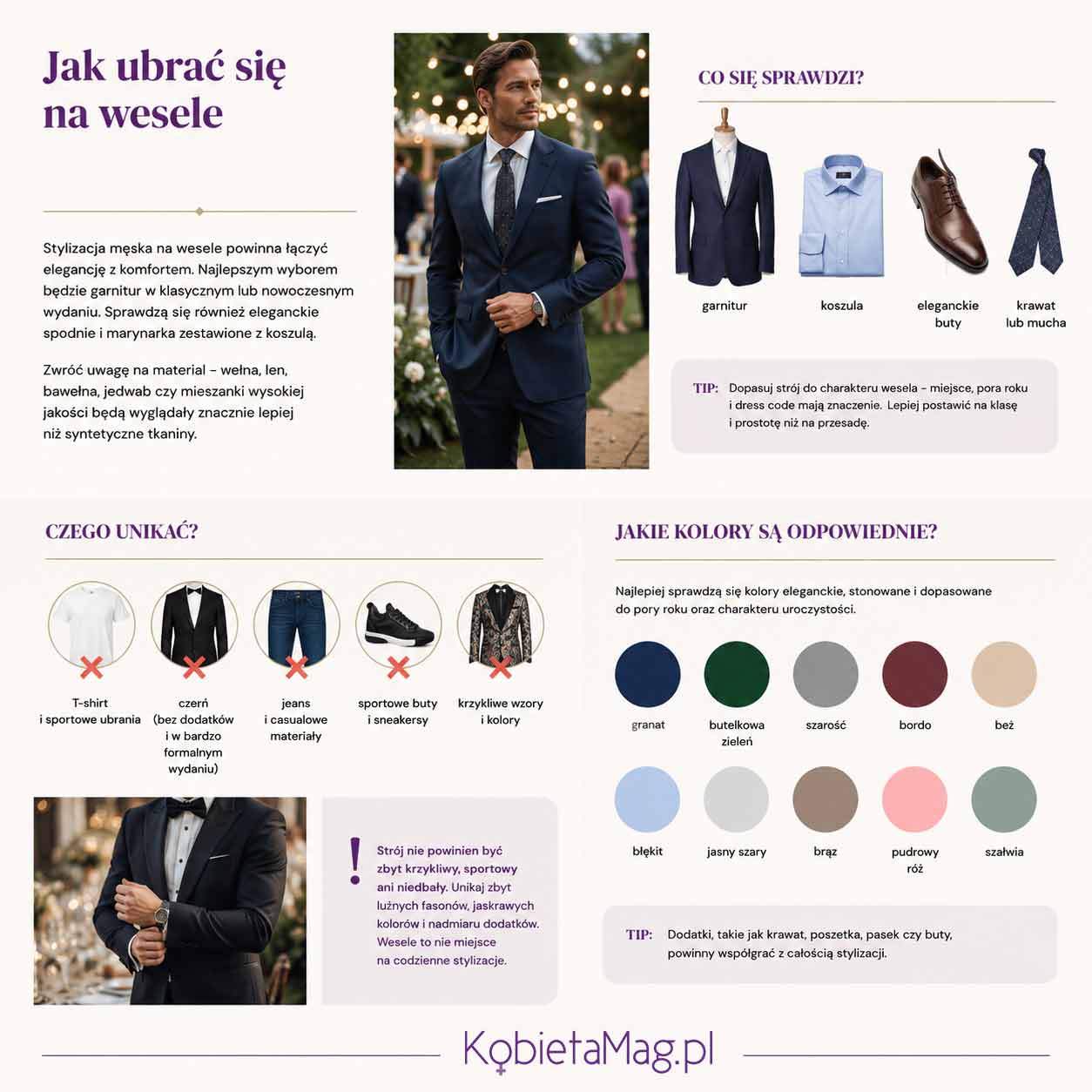 Infografika: jak ubrać się na wesele jako mężczyzna - przykłady eleganckiego garnituru, koszuli, butów i dodatków oraz kolory odpowiednie na męską stylizację weselną.