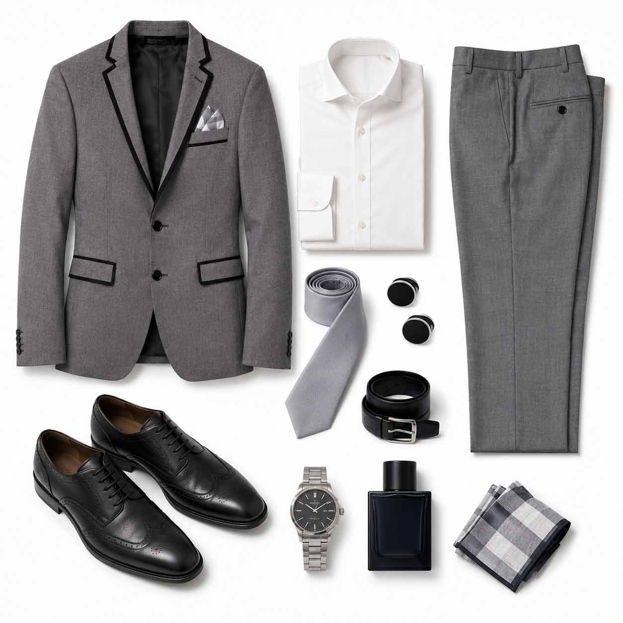 Męska stylizacja na wesele z szarym garniturem, białą koszulą, krawatem i eleganckimi dodatkami