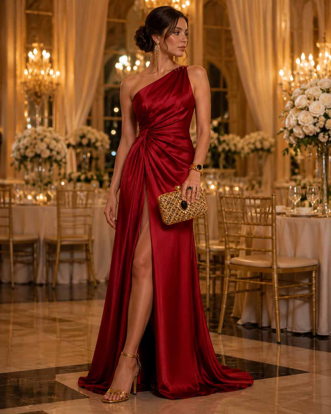 Modelka w czerwonej sukience glamour na wesele ze złotymi dodatkami