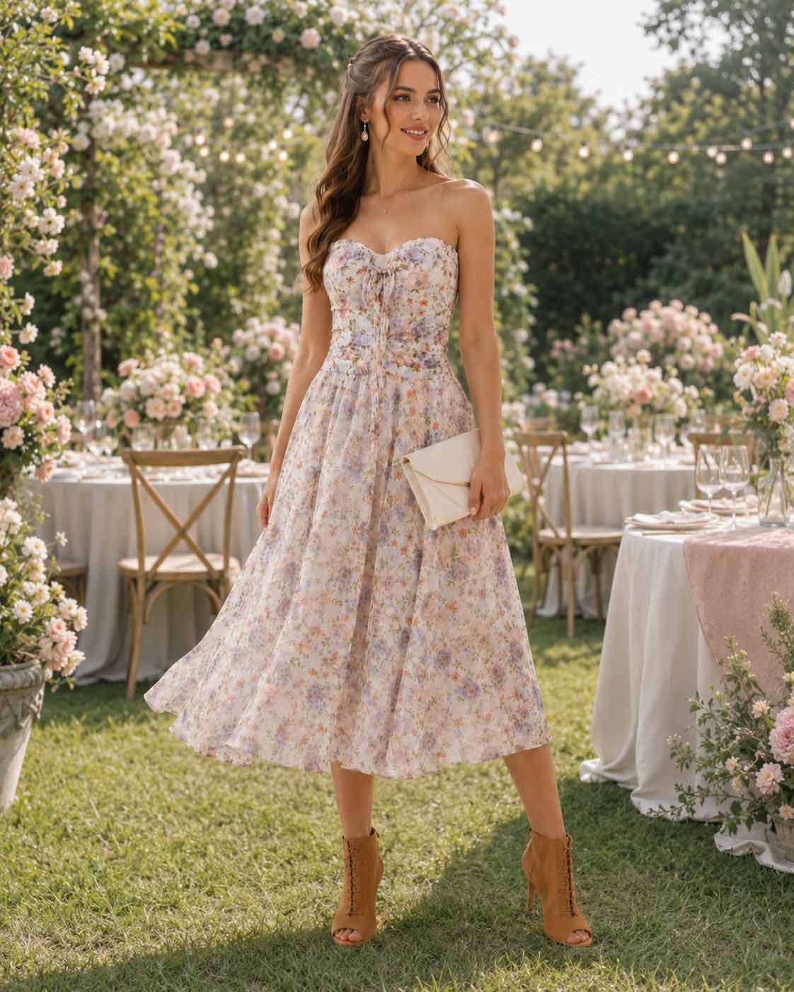 Modelka w romantycznej sukience w kwiaty na wesele w ogrodowym klimacie