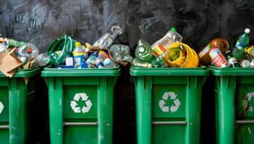 zielone kosze do recyklingu wypełnione różnorodnymi materiałami