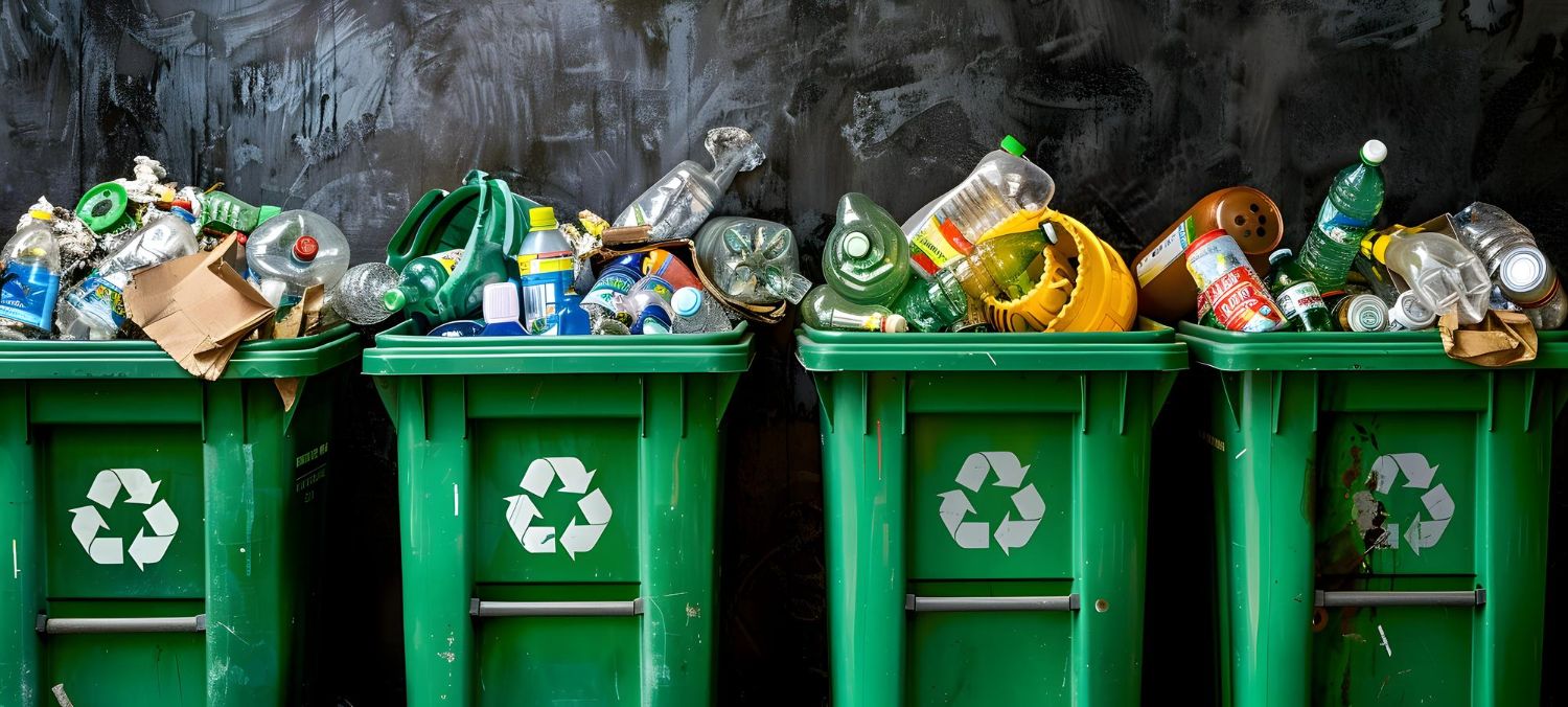 zielone kosze do recyklingu wypełnione różnorodnymi materiałami