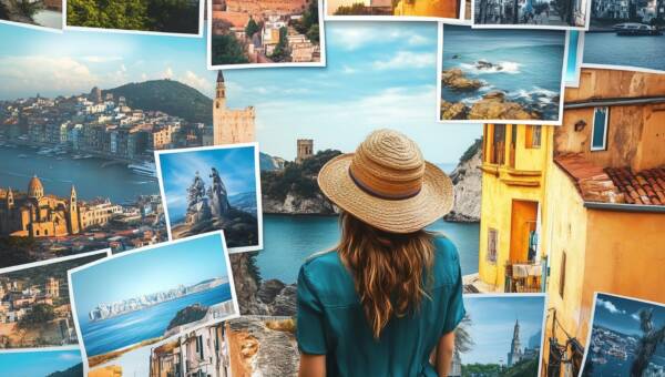 Kolaż drukowanych zdjęć z podróży