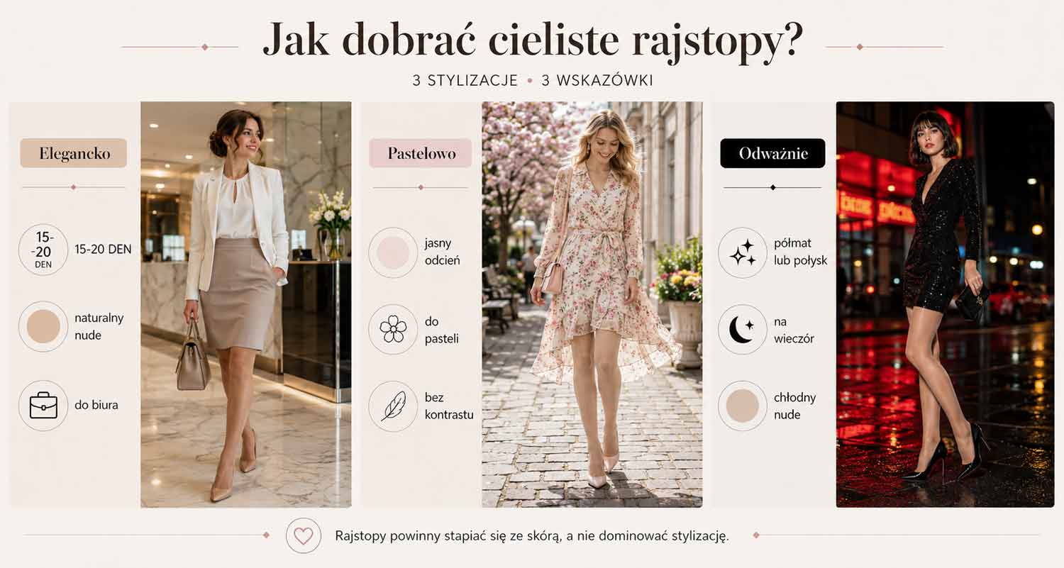 Infografika poradnikowa jak dobrać cieliste rajstopy do trzech stylizacji: eleganckiej, pastelowej i odważnej wieczorowej