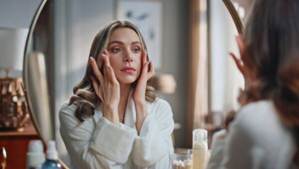 Piękna dama dotykająca skóry patrząca w lustro