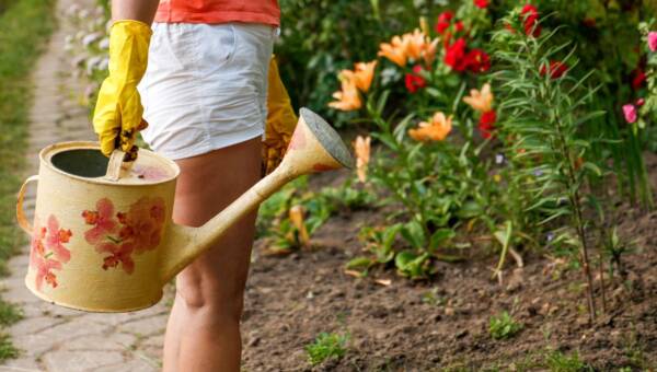 Kobieta w domowych rękawiczkach z konewką w ogrodzie wśród kwiatów