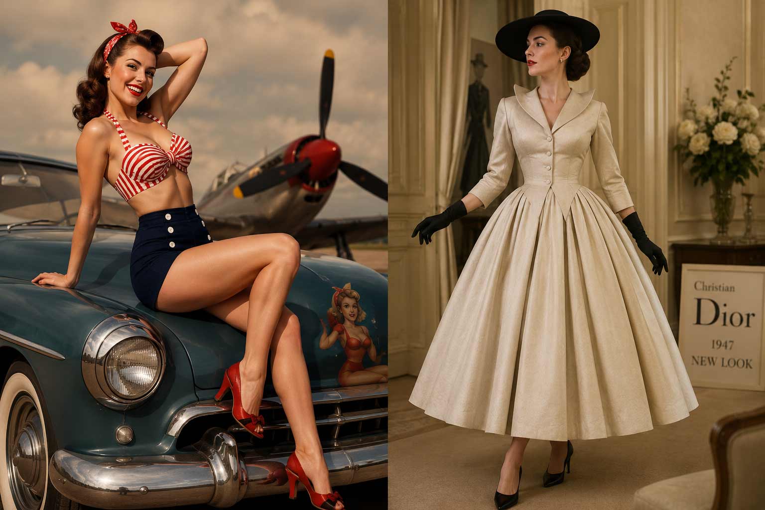 Styl pin-up lat 40. i 50. podkreślający talię, nogi i dekolt