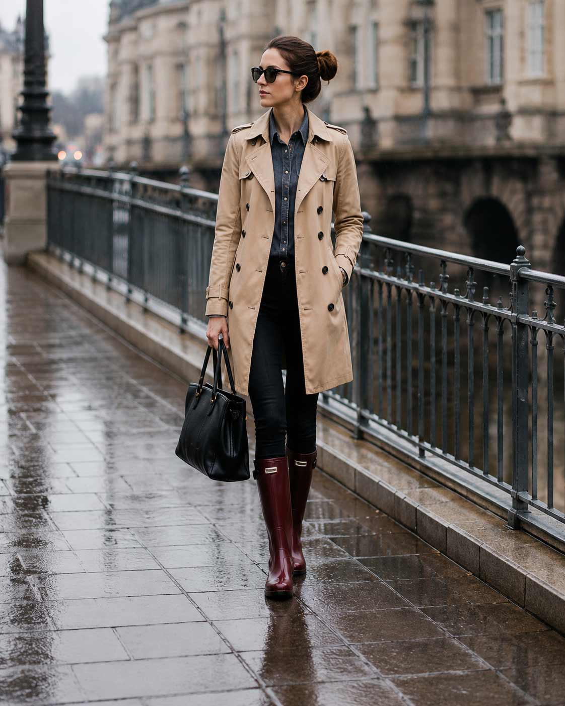 stylizacja z burgundowymi kaloszami