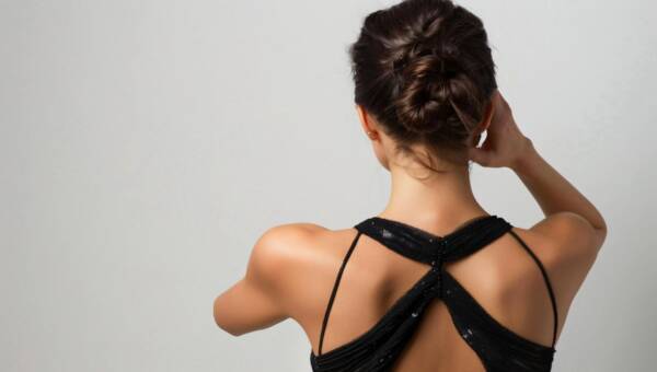 Elegantna czarna sukienka wieczorowa Z tyłu piękna kobieta