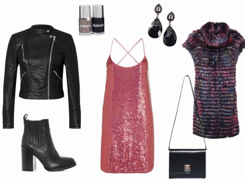 Różowa, imprezowa stylizacja na Walentynki: cekinowa sukienka na ramiączkach i dodatki