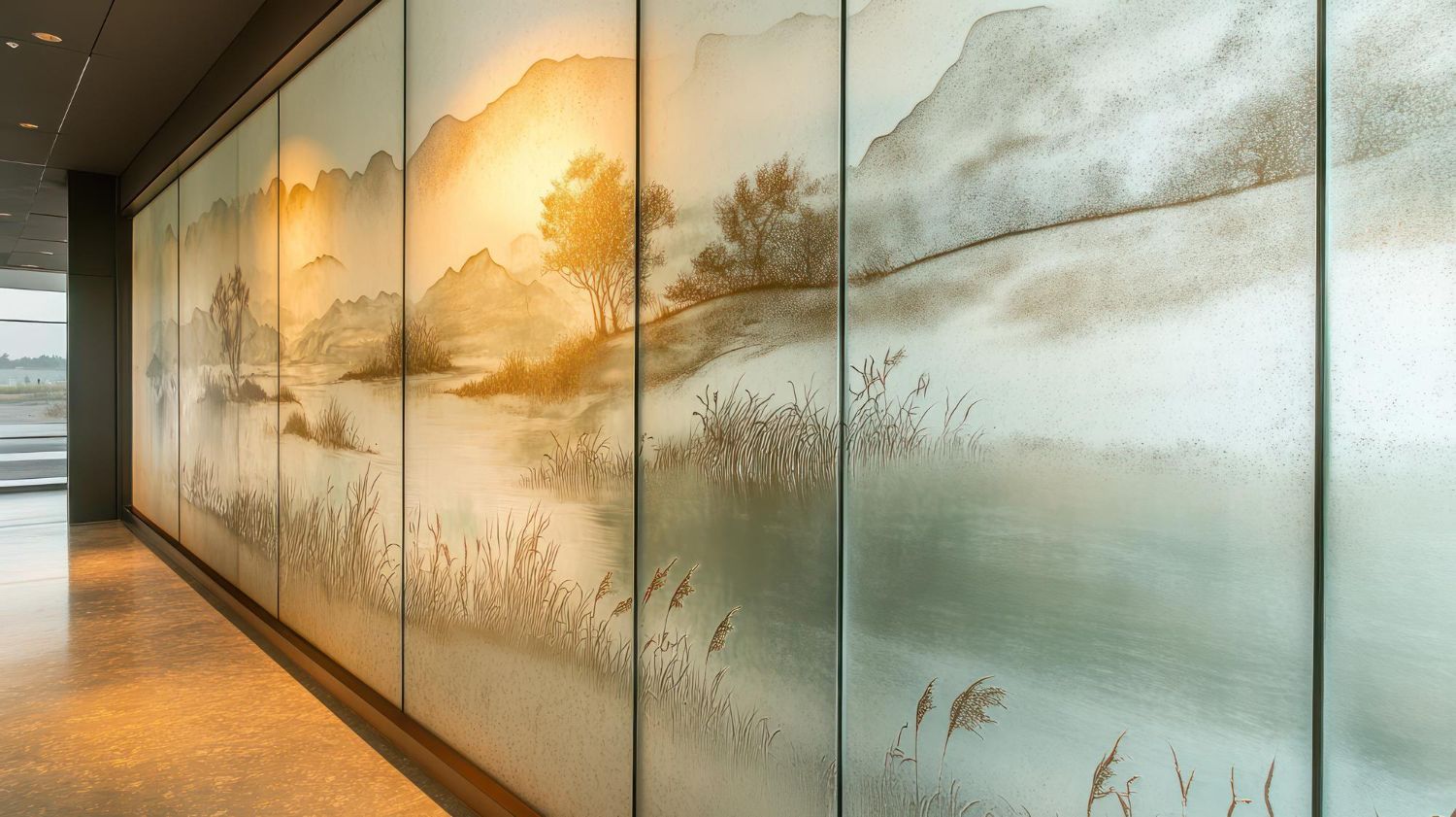 ściana z górskim krajobrazem i górami na szkle