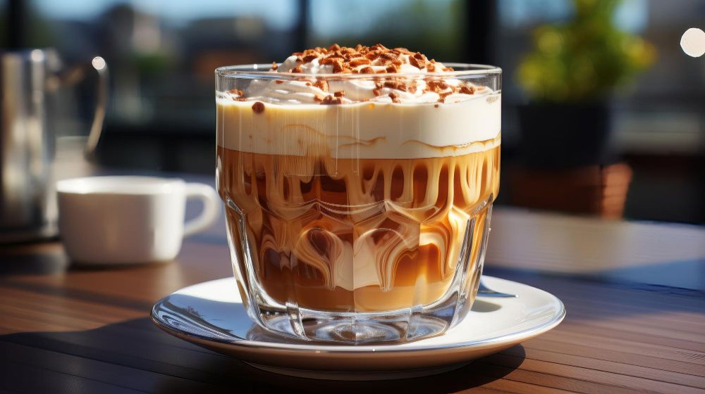 Mrożona kawa z mlekiem sojowym i chrupiącymi puffingowanymi owocami mango