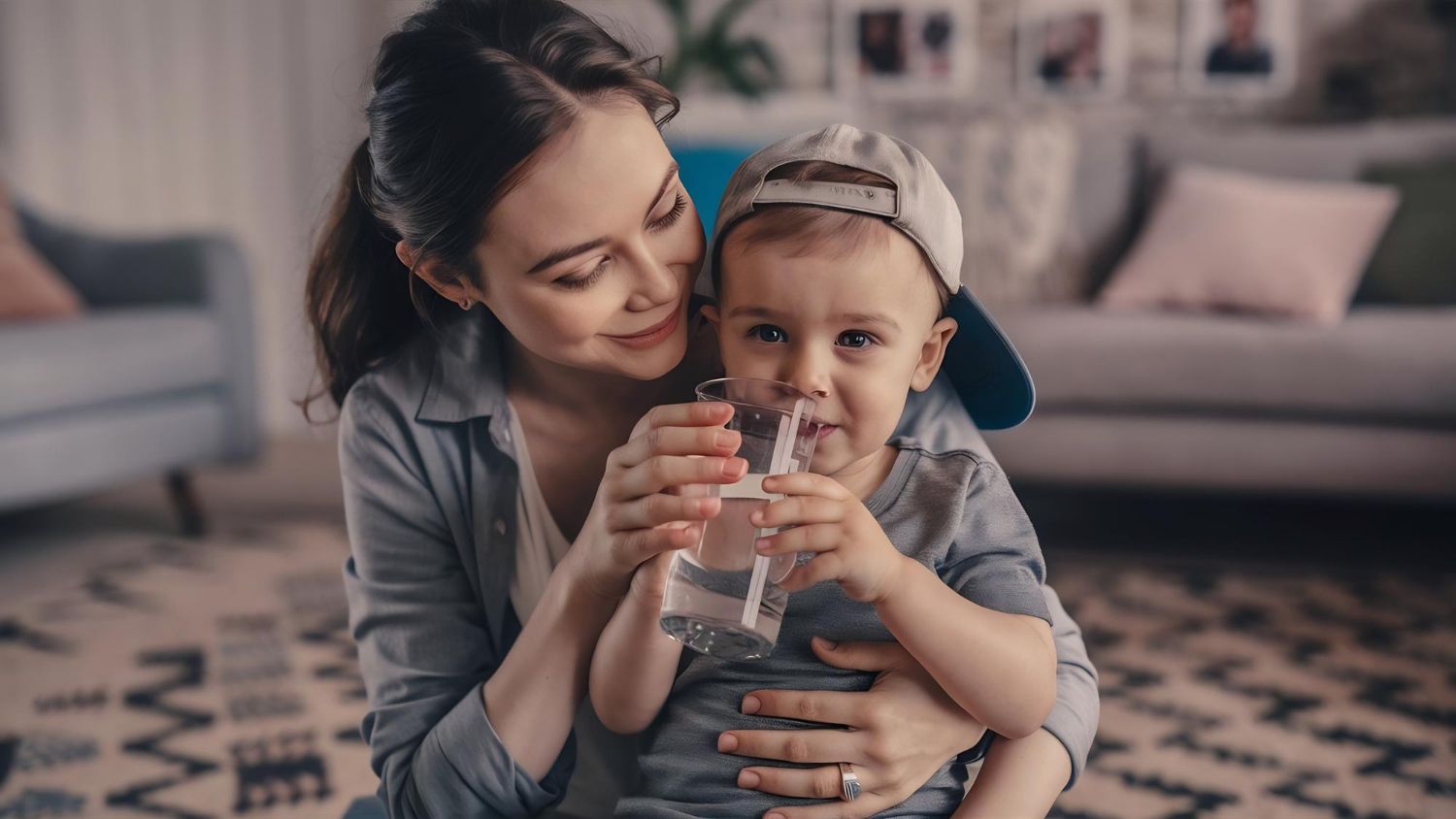 dziecko na kolanach matki pije wodę
