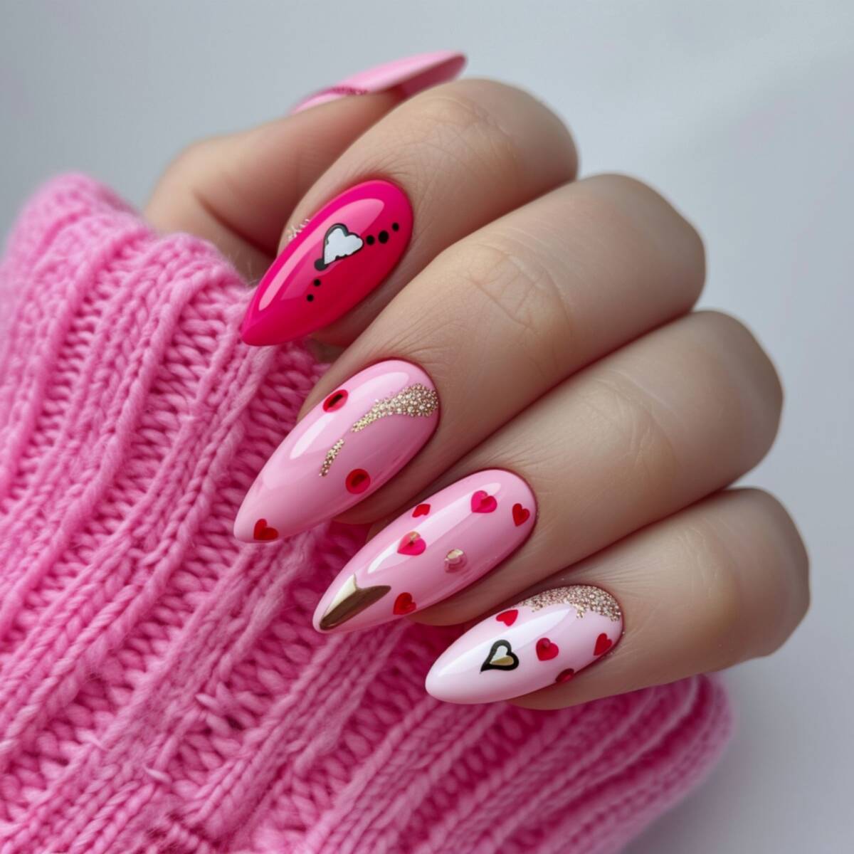 manicure z różu z czerwonymi serduszkami