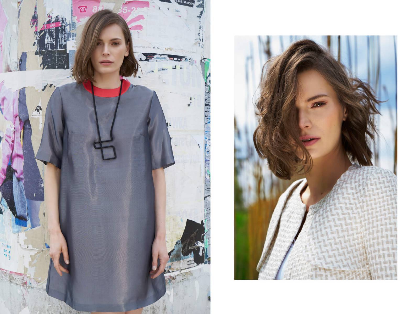 Mondrianista_KOSMAL_kampania9_Cruise16_sukienka_z_krotkimi_rekawami_szara_780zl_zakiet_kremowy_1200zl_LR