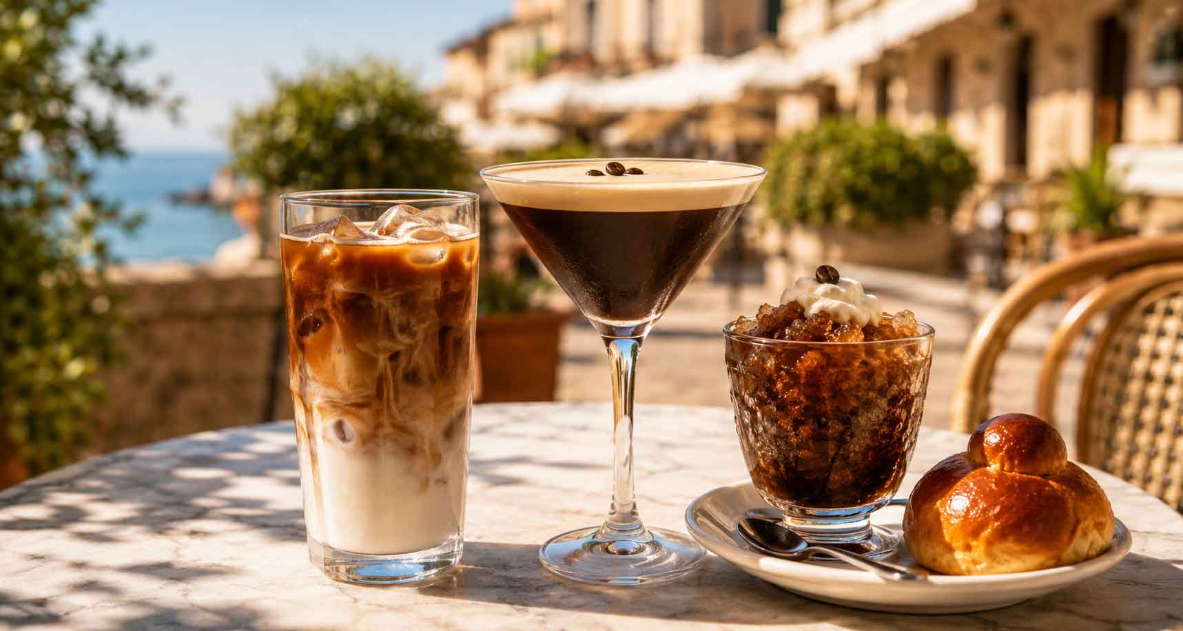 Kolekcja oryginalnych przepisów na kawę mrożoną: włoska kawa migdałowa, Espresso Martini i sycylijska granita na letnim, słonecznym stoliku kawiarnianym