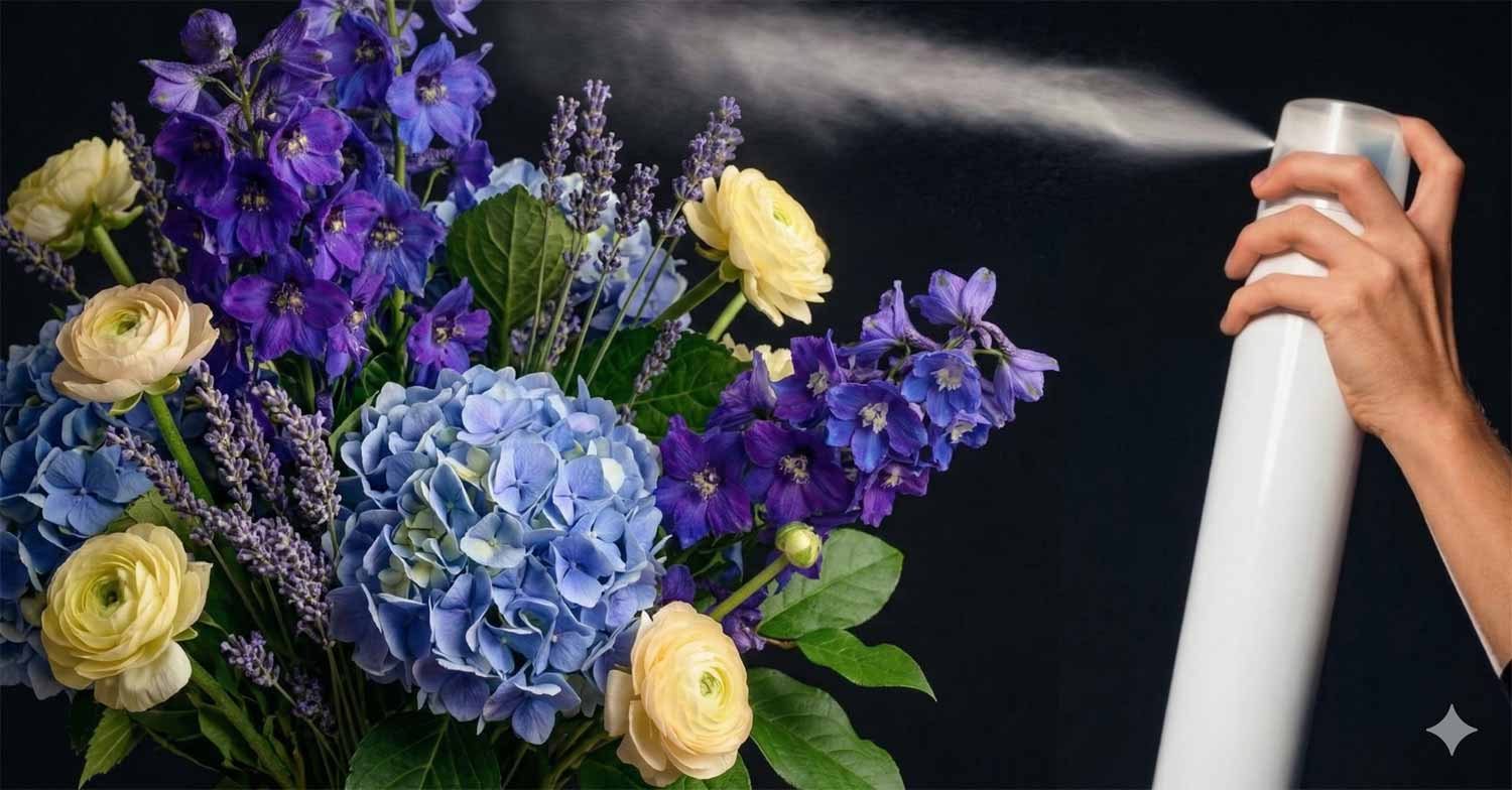 Spryskiwanie płatków kwiatów lakierem do włosów - trik na przedłużenie świeżości kwiatów ciętych
