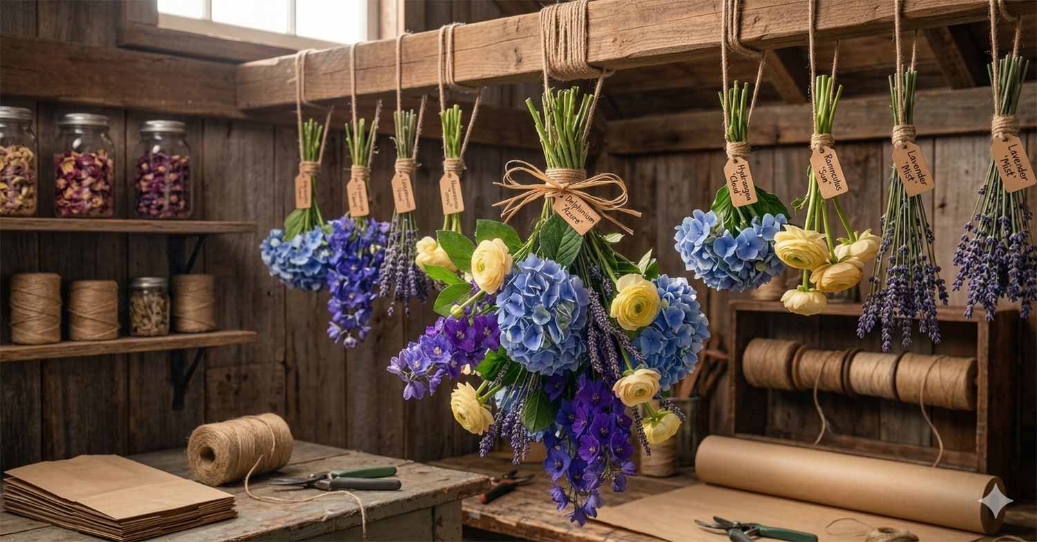 Kwiaty zawieszone do góry nogami podczas suszenia po użyciu lakieru do włosów