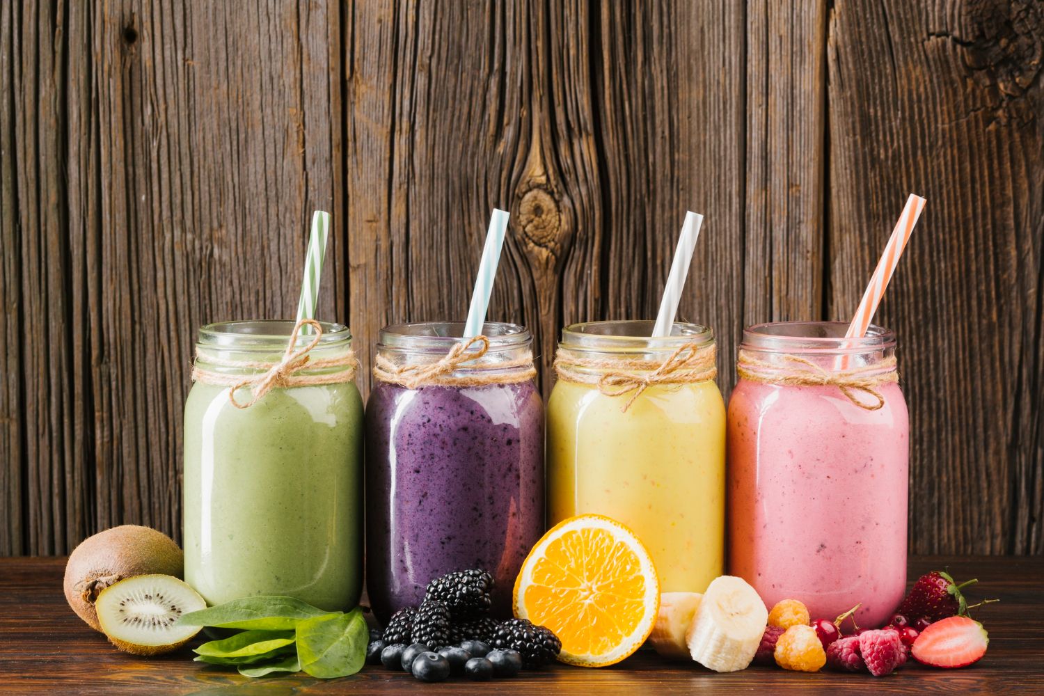 Kolorowy owoc i smoothies skład na drewnianym tle