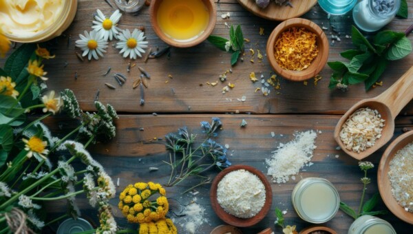 Naturalne składniki do domowego farbowania włosów rozłożone na stole