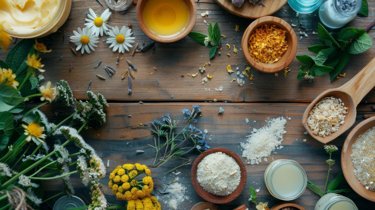 Naturalne składniki do domowego farbowania włosów rozłożone na stole