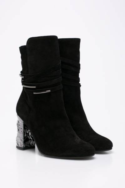 Eleganckie czarne botki na dekoracyjnym obcasie - Solo Femme