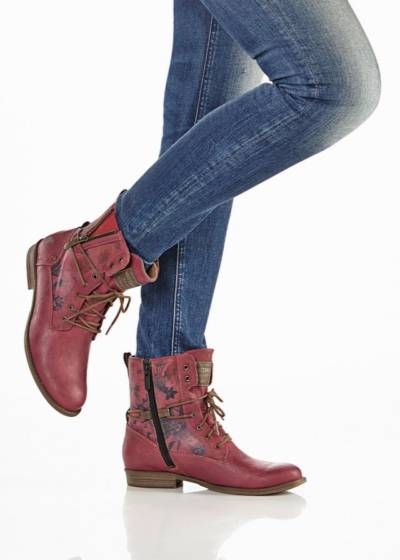 Niskie burgundowe botki z ciekawą delikatną aplikacją - Mustang