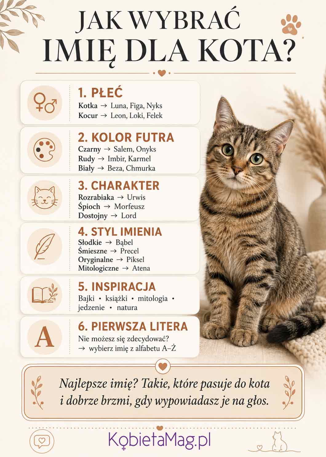 infografika pokazująca, jak wybrać imię dla kota według płci, koloru sierści i charakteru