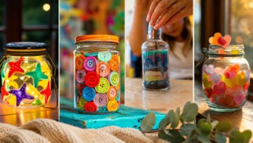 Kolorowe słoiczki Montessori DIY z guzikami, piaskiem i serduszkami, pomysł na uspokajającą zabawę dla dzieci.