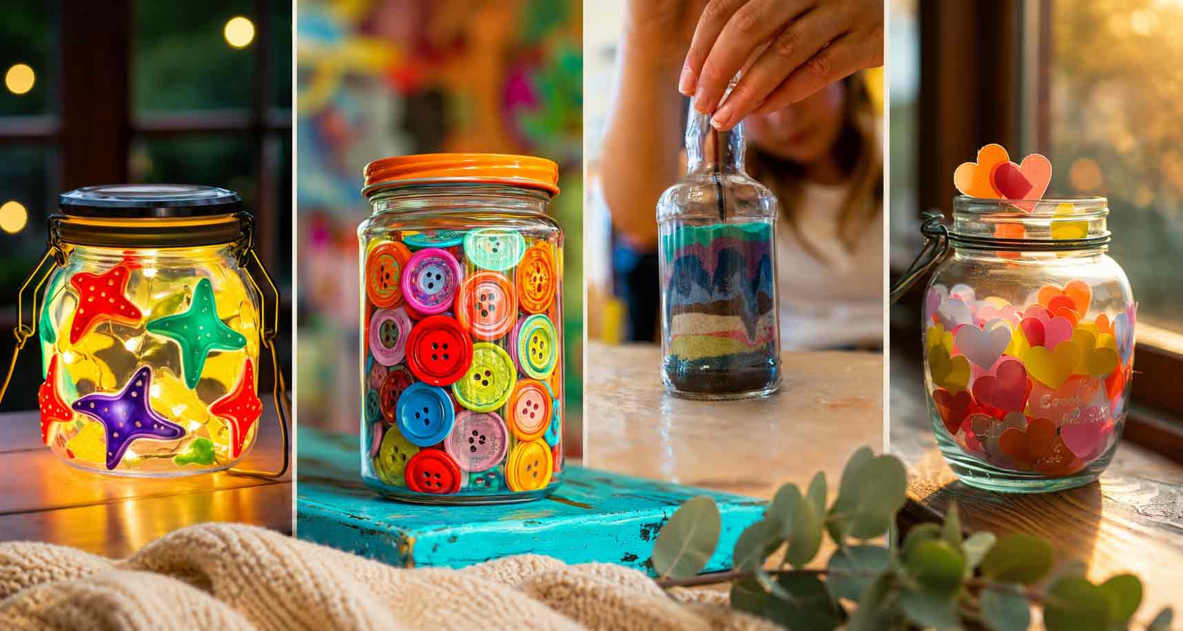 Kolorowe słoiczki Montessori DIY z guzikami, piaskiem i serduszkami, pomysł na uspokajającą zabawę dla dzieci.
