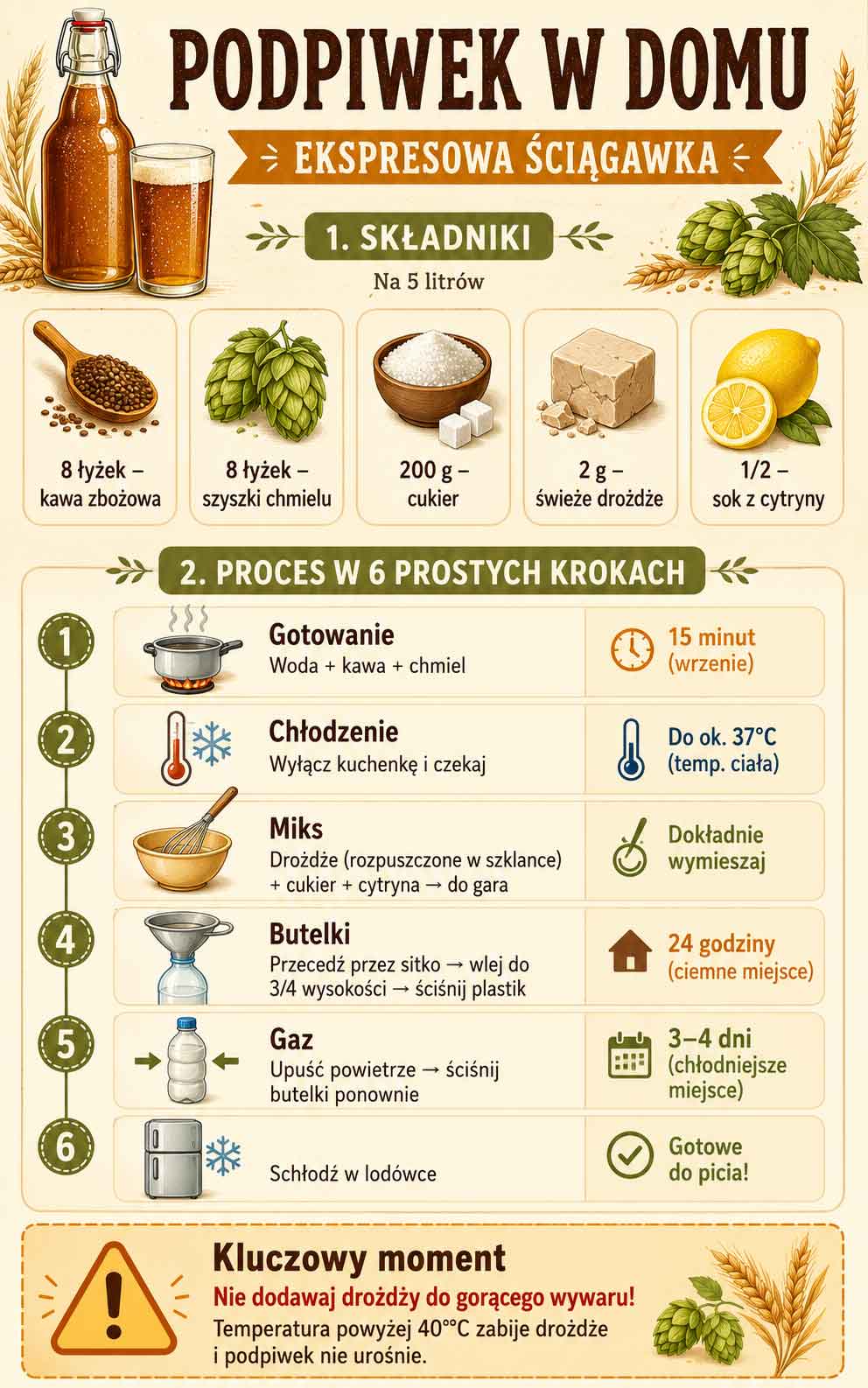 Infografika przedstawiająca ekspresowy przepis krok po kroku, jak zrobić podpiwek w domu. Grafika zawiera listę składników na 5 litrów napoju (kawa zbożowa, chmiel, cukier, drożdże, cytryna) oraz tabelę z 6 etapami produkcji: od gotowania przez 15 minut i chłodzenia do 37°C, przez mieszanie, butelkowanie do ¾ wysokości, kontrolowaną fermentację, aż po chłodzenie w lodówce.