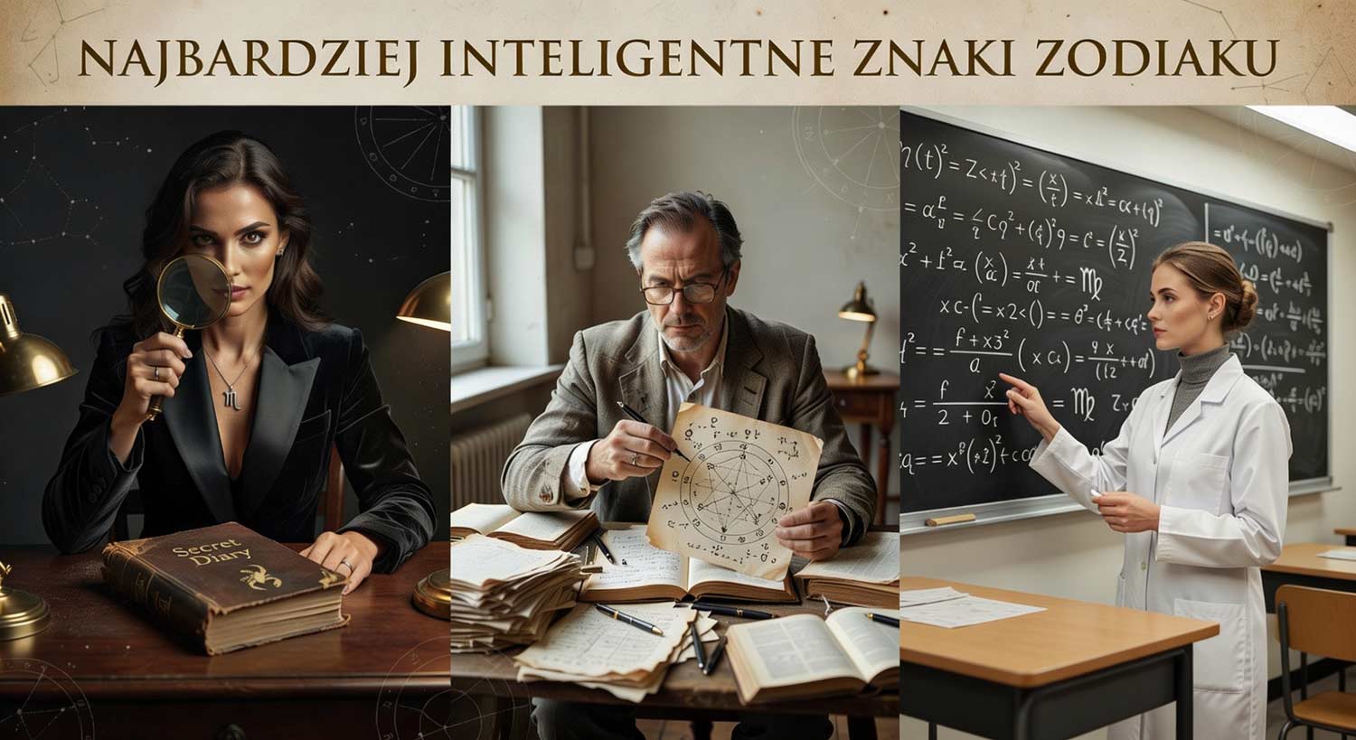 Kolaż astrologiczny przedstawiający znaki zodiaku o najwyższej inteligencji
