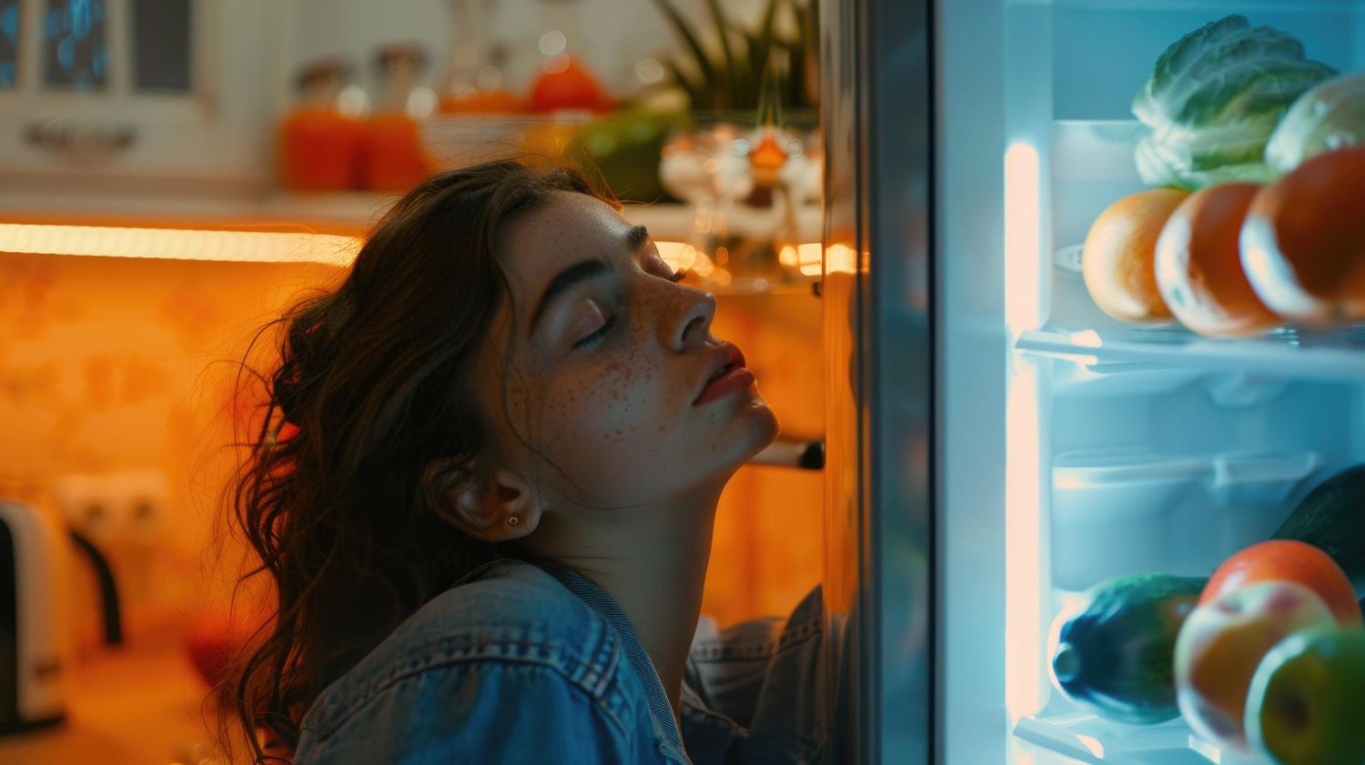Kobieta patrząca w lodówkę pełną świeżych owoców i warzyw 