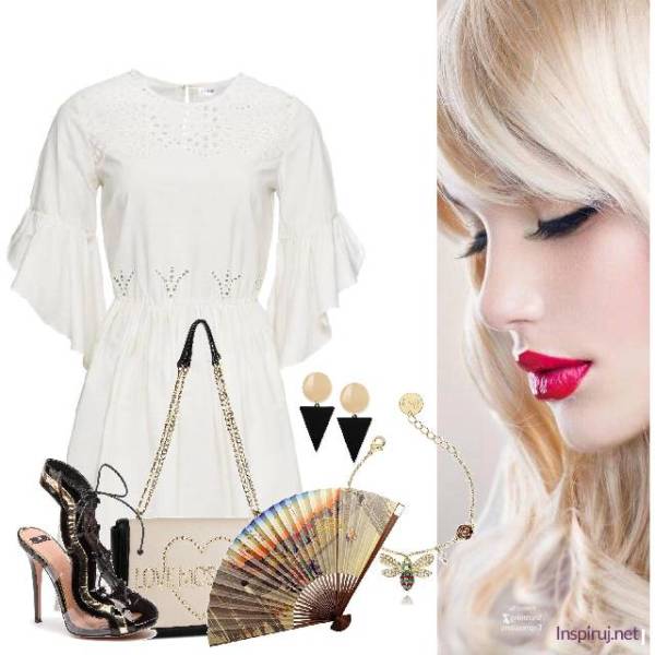 biała sukienka, wachlarz