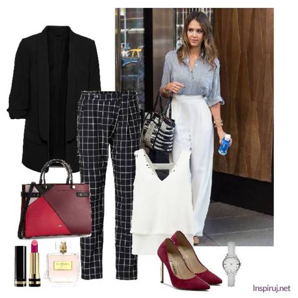 Stylizacja dress code ze spodniami w kratę i elegancką długą marynarką