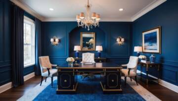 Elegantne niebieskie biuro z pluszowymi krzesłami