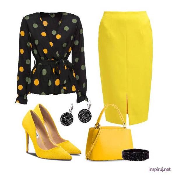 Bluzka w grochy i żółta spódnica zestawione z żółtymi szpilkami i torebką