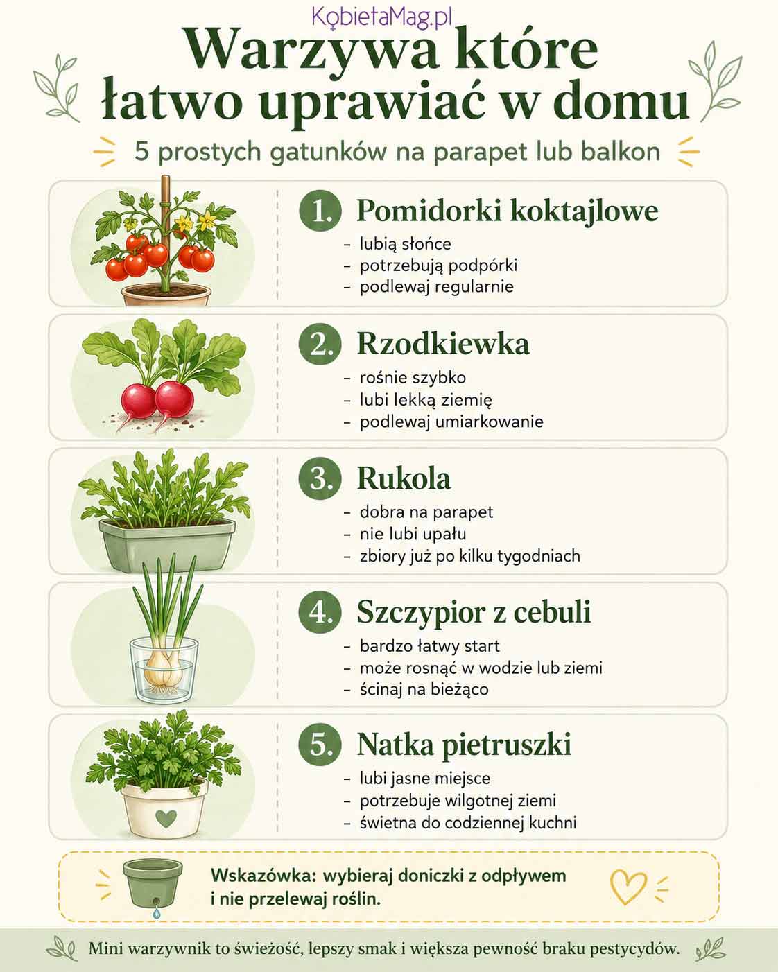 Infografika przedstawiająca 5 warzyw łatwych do uprawy w domu: pomidorki koktajlowe, rzodkiewkę, rukolę, szczypior z cebuli i natkę pietruszki, z poradami dotyczącymi uprawy na parapecie lub balkonie bez pestycydów