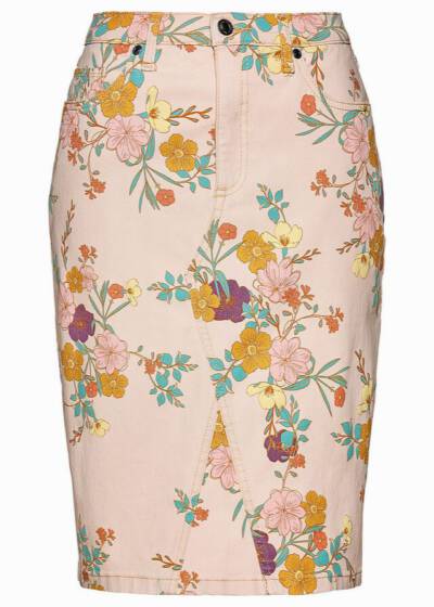 pastelowa morelowa spódnica z kwiatowym nadrukiem