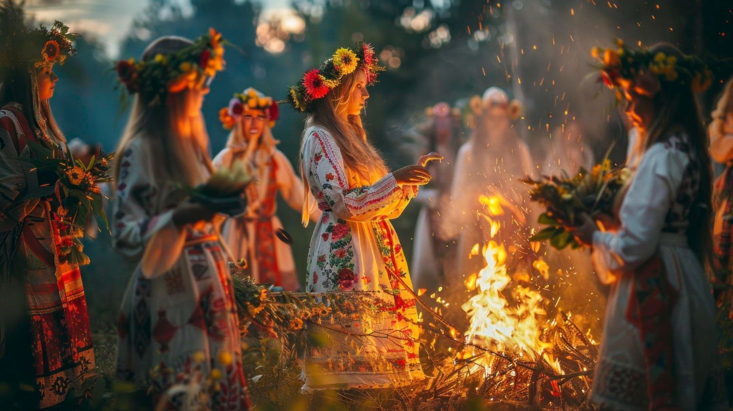Piękne kobiety w tradycyjnych sukniach wokół rytualnego ognia