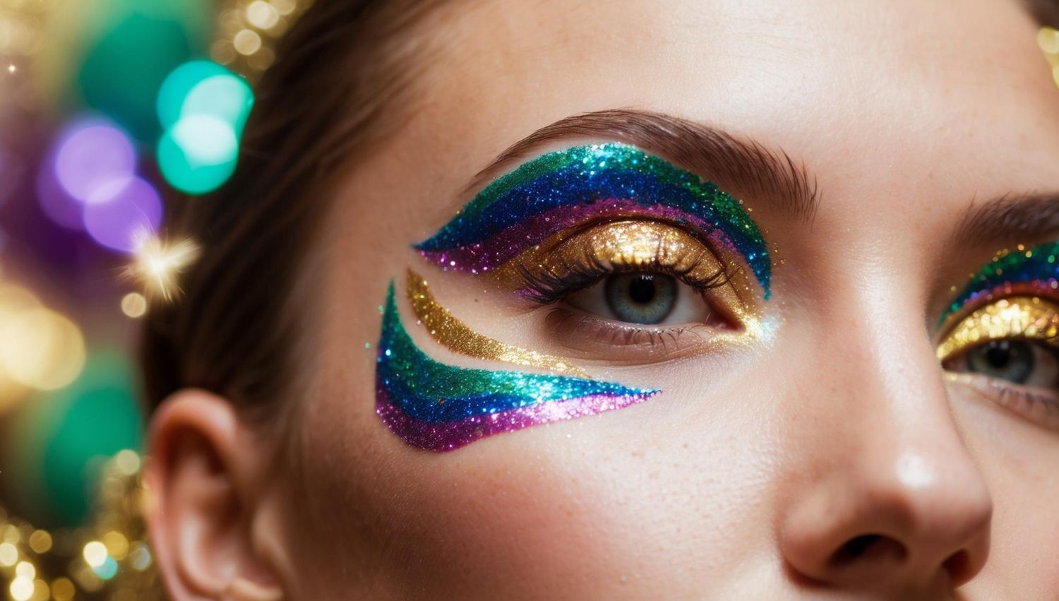 kolorowe brokaty na powiekach modelki