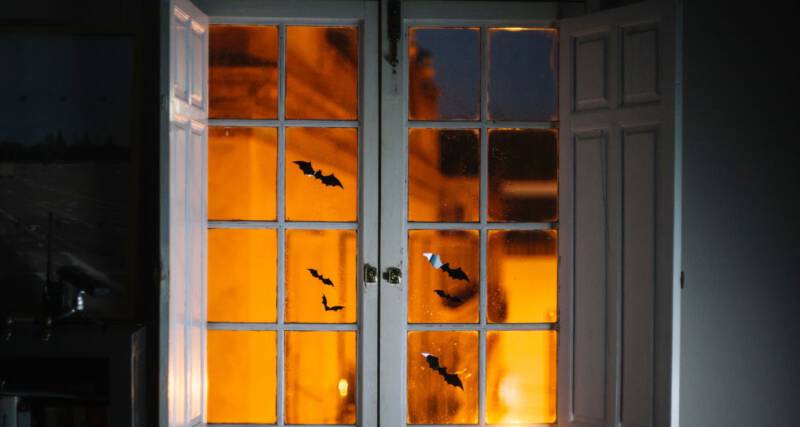 Papierowe nietoperze na oknie