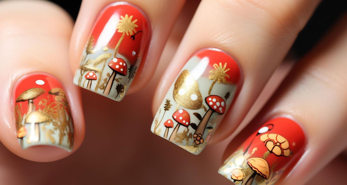 manicure z jesiennymi grzybami