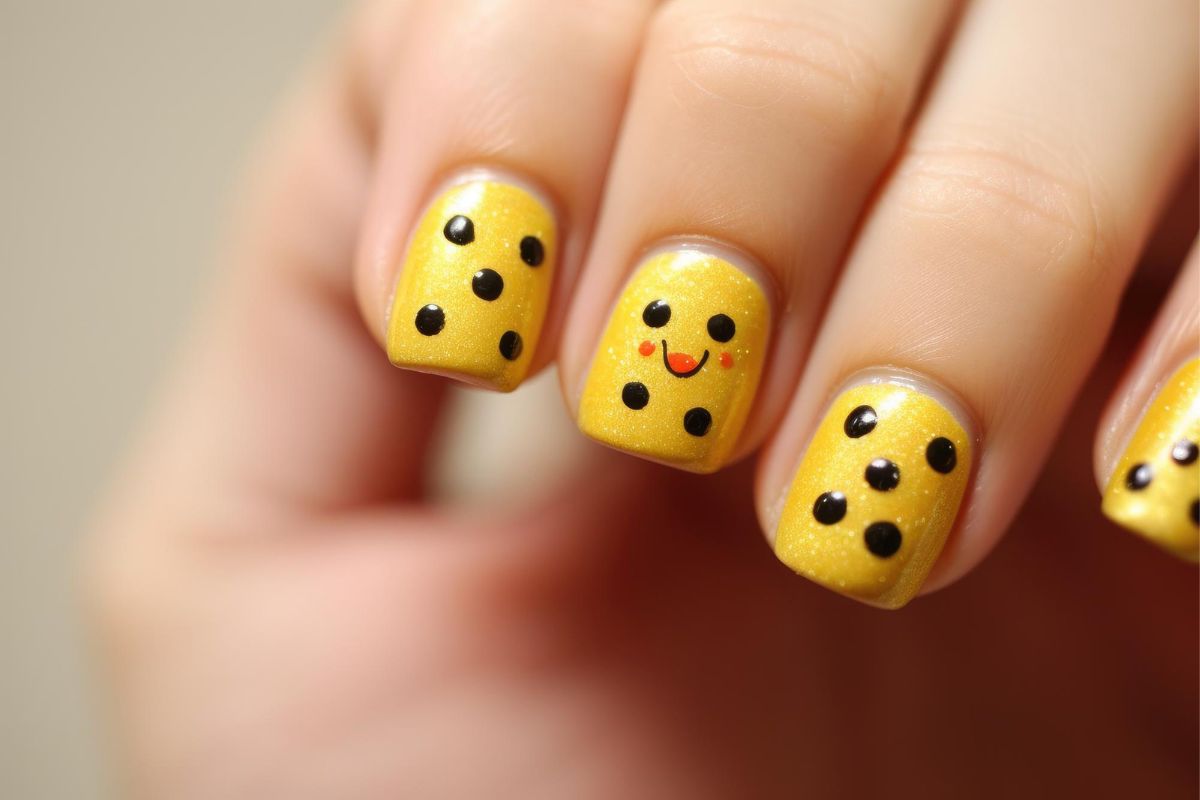 żółty manicure w kropki