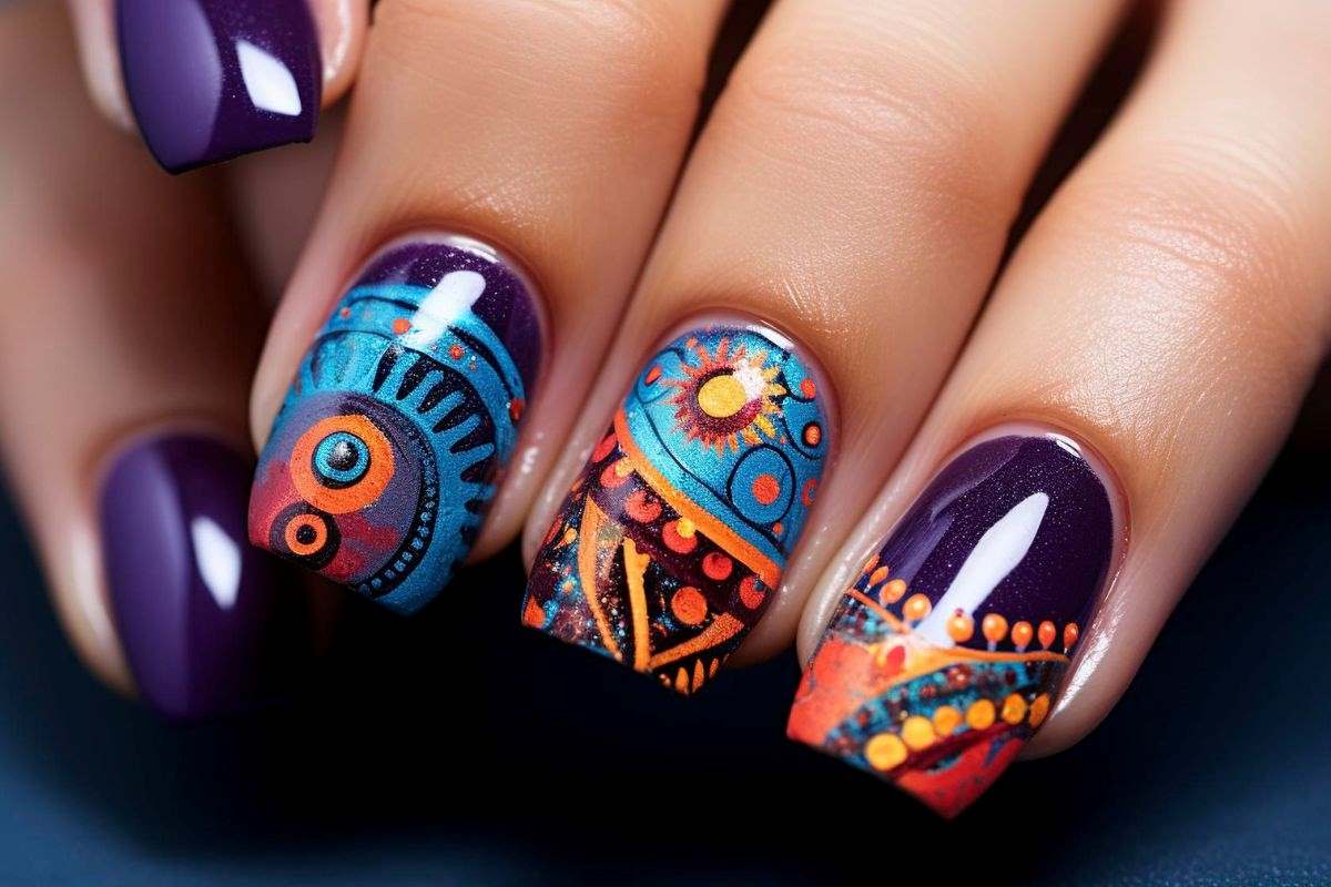 kolorowe wzory na paznokciach
