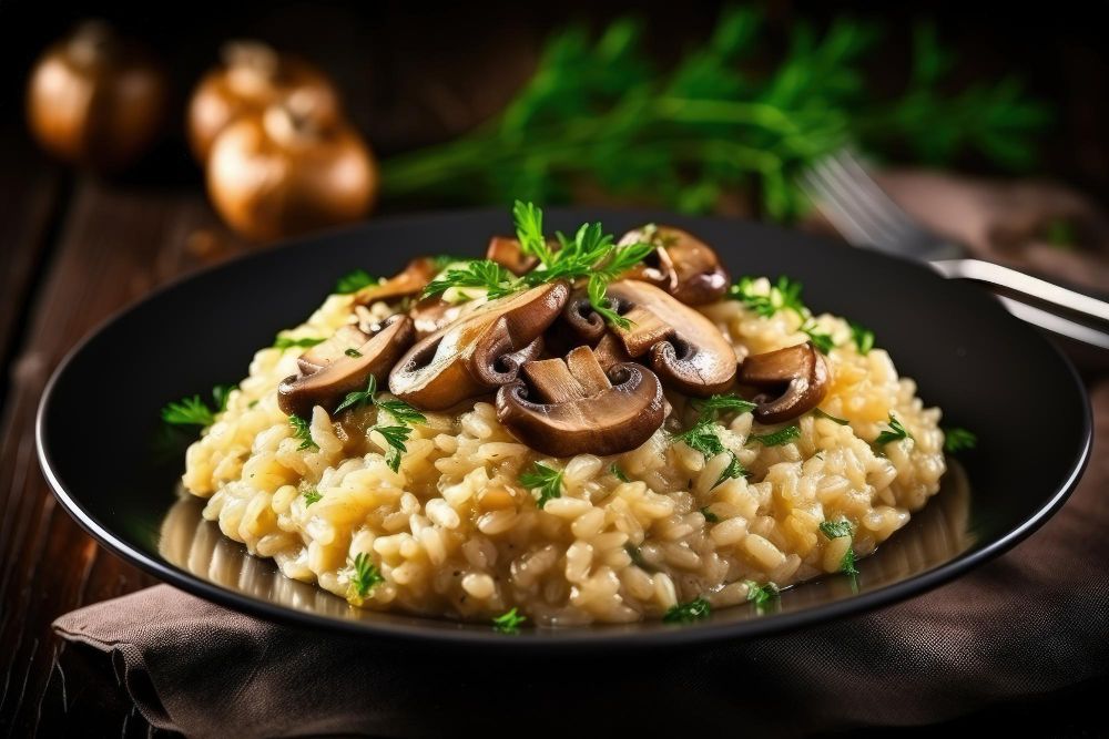 Risotto z pieczarkami, Aldamerem i oliwą truflową Risotto z pieczarkami, Aldamerem i oliwą truflową