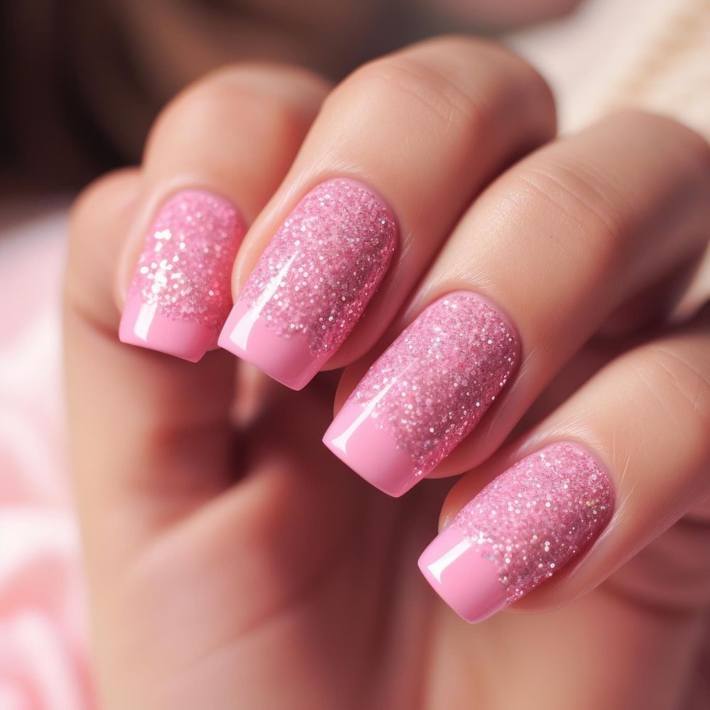 brokatowe różowe paznokcie