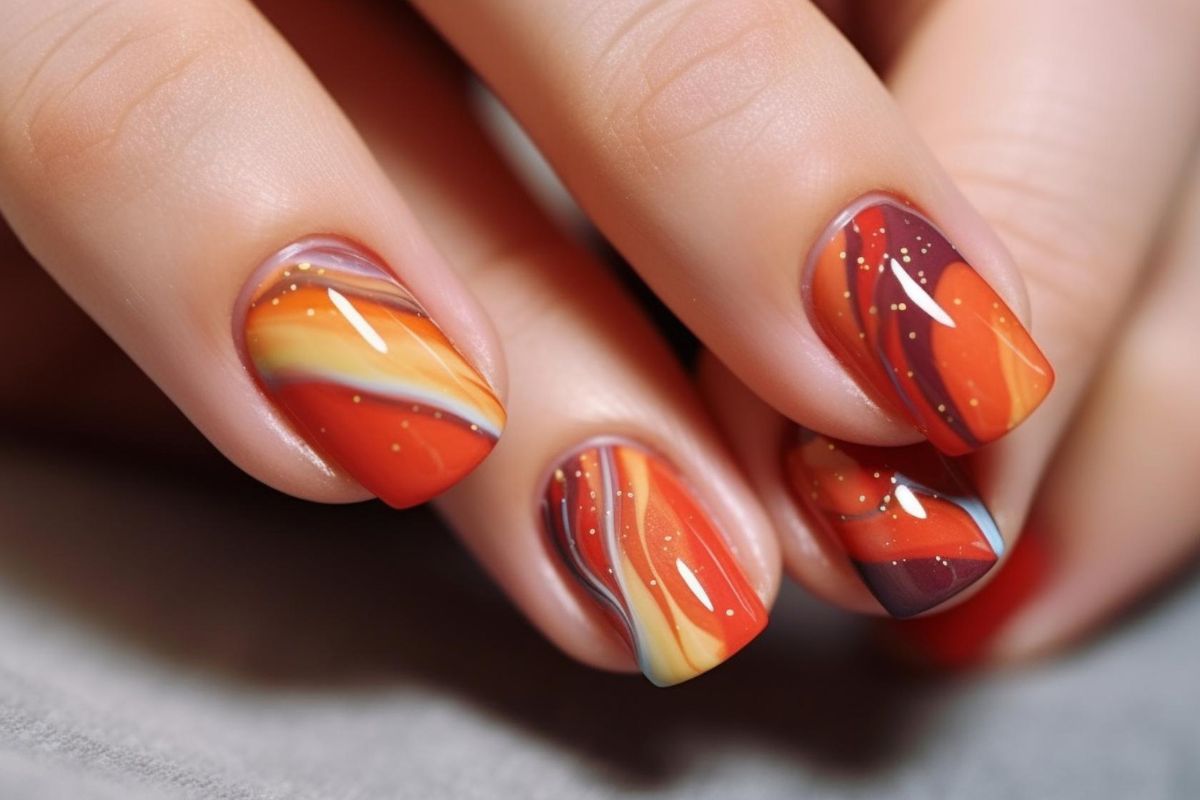 manicure w kolorze pomarańczowo-brązowym